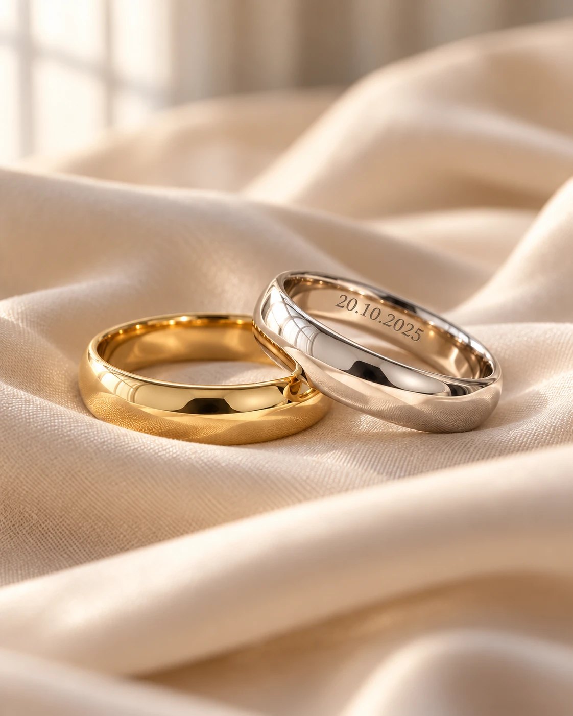 Trauringe in Gelbgold und Weißgold mit Datumsgravur